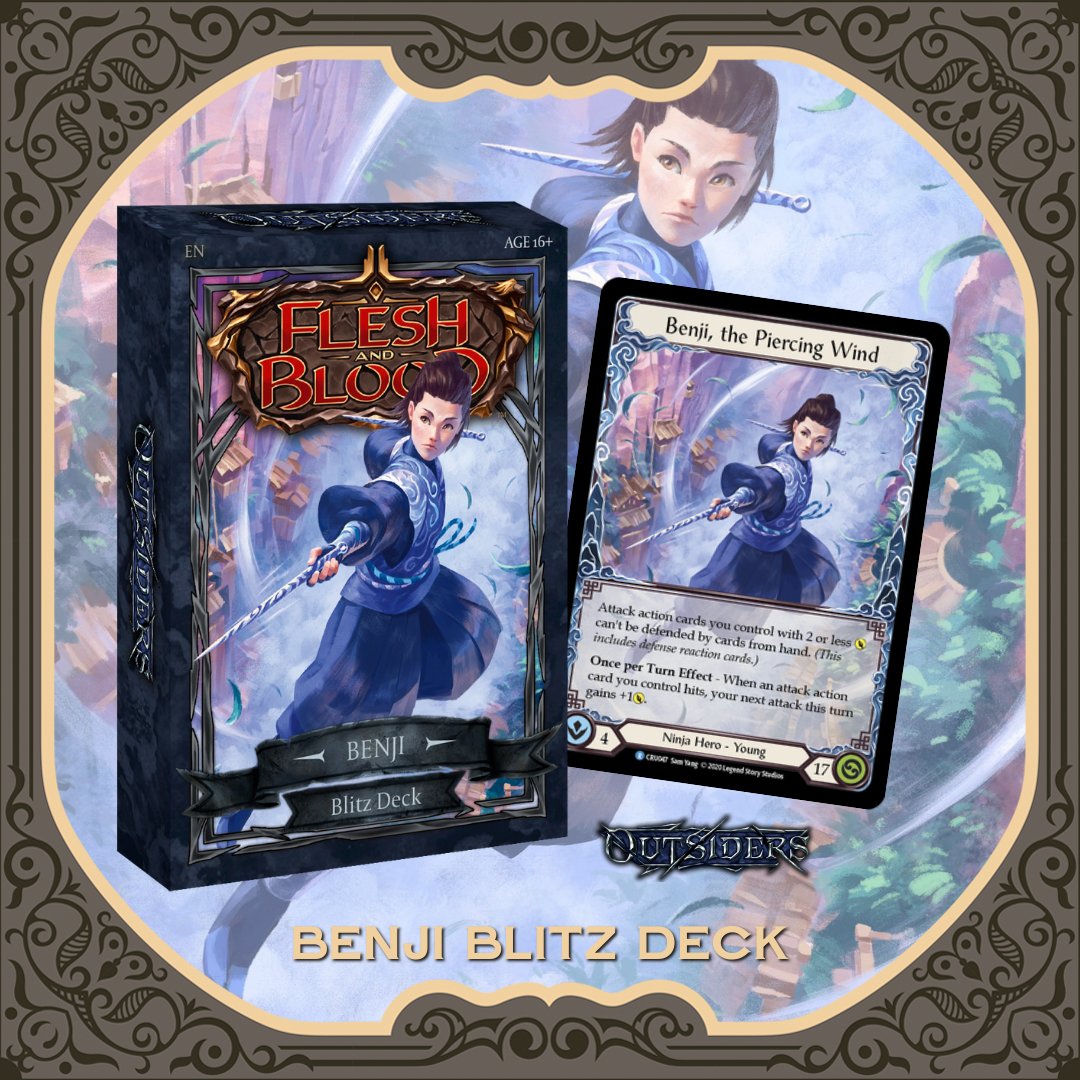 FableHobby's tweet image. Ready-to-play out of the box, Blitz Decks are perfect for some fast matches with your friends 😊

👉 Either if you are already a fan of the #Ninja class or are just curious about it, you can PRE-ORDER your Flesh and Blood #Outsiders Benji Blitz Deck at our online store NOW! 🔥