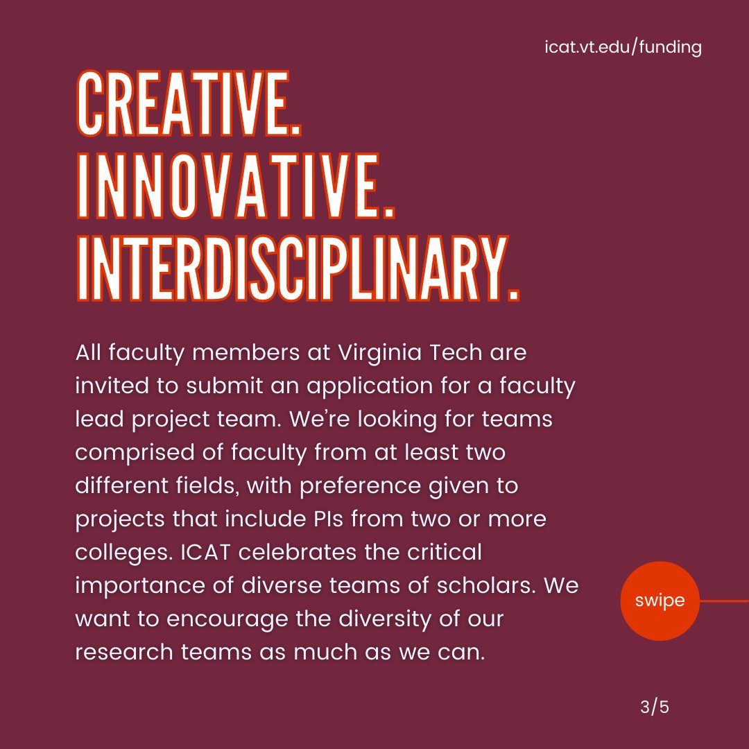 vt_icat's tweet photo. ICAT's major SEAD grants are a cornerstone of #interdisciplinary research at Virginia Tech. Visit https://t.co/0wj9Jp73M5 and apply by 5 pm on February 10, 2023. https://t.co/OxxwROyOiv