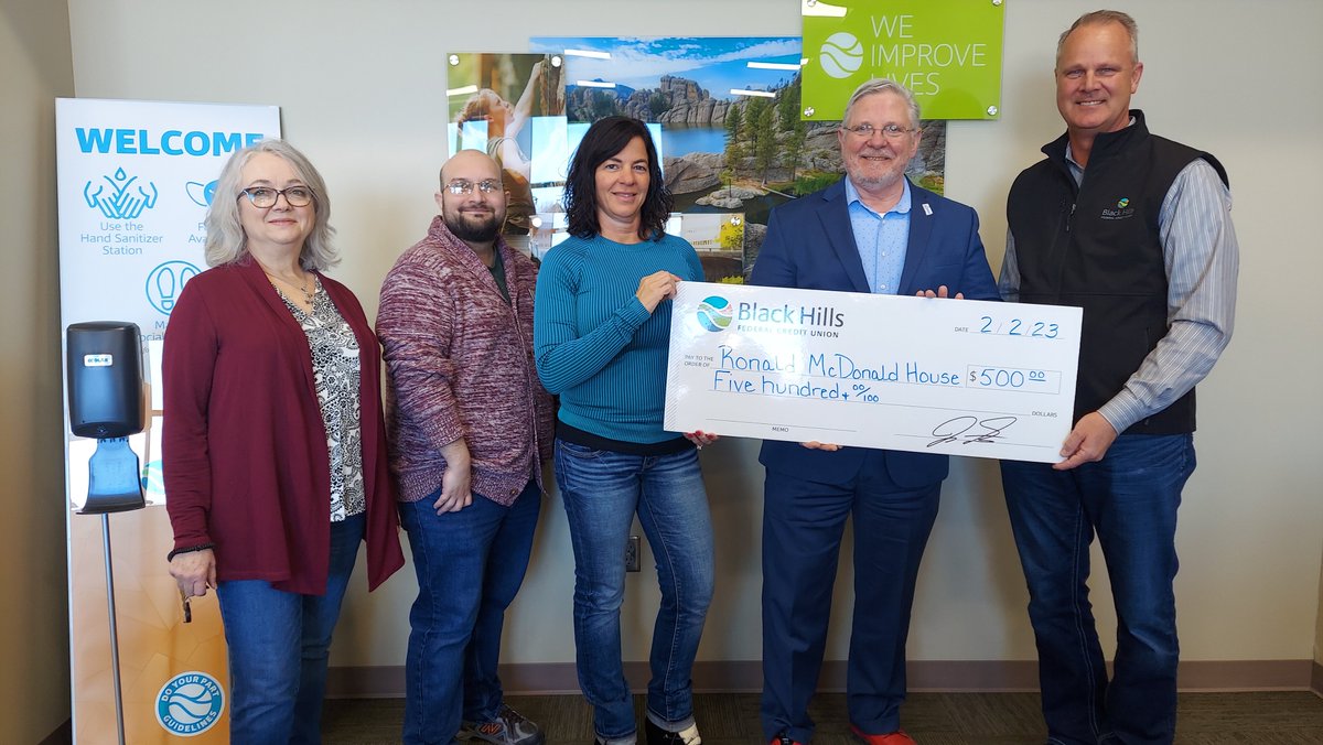 Thanks to Black Hills Federal Credit Union! They held an ongoing fundraiser for the Ronald McDonald House at multiple locations and presented us with a $500 donation in support of our mission of “Keeping Families Close”.