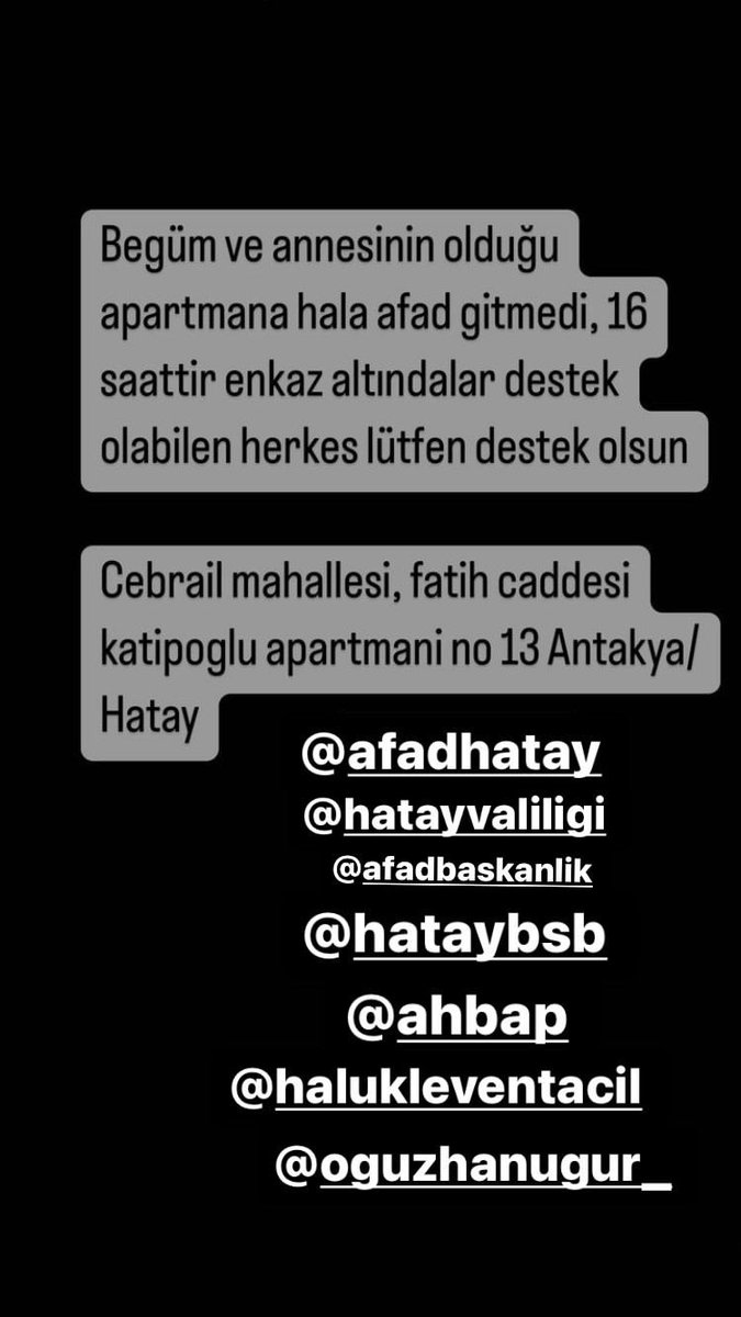 squirrel971's tweet photo. @haluklevent Okuldan arkadasimiz begum ciritci ve ailesi hatayda enkaz altinda. 16 saattir yardim gitmedi. Lutfen! @AFADHatay https://t.co/TTRWYcDTMd