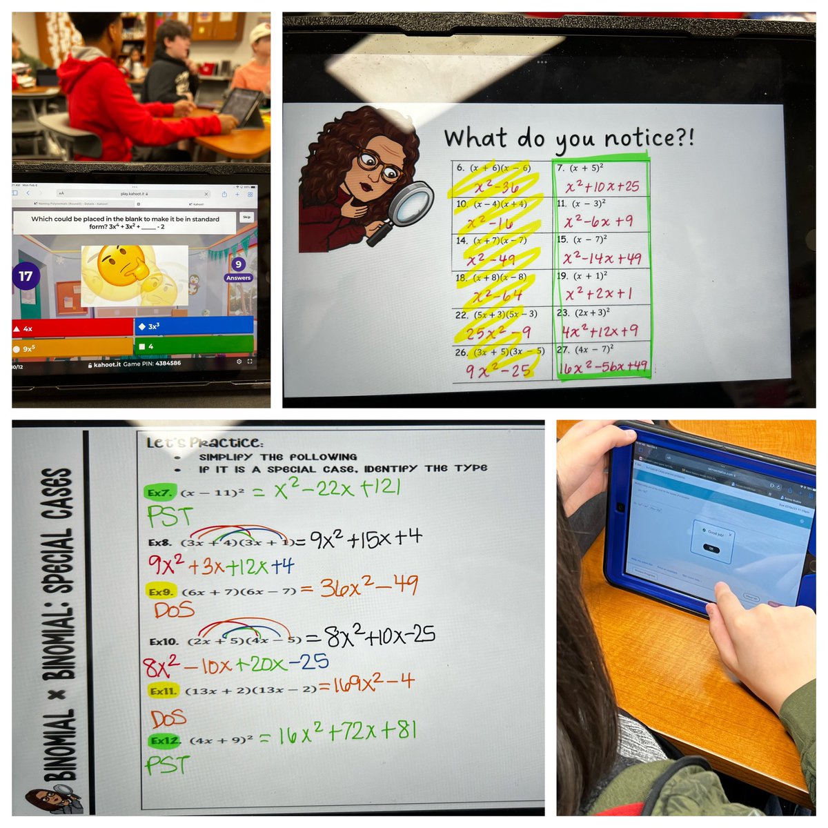 MrsStrole's tweet image. Ss started class with a name it @Kahoot warm up. Then HonAlg Ss were asked to look for patterns? What do you notice? Can you write a rule for it? Ss were excited to realize that they were able to discover special case patterns on their own! #seeingmath @FJHChargers