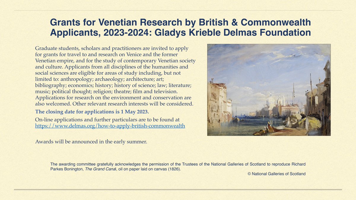 The deadline for the British and Commonwealth Delmas grants for research in Venice and the Veneto is 1st May 2023. Please spread the word! delmas.org/how-to-apply-b…