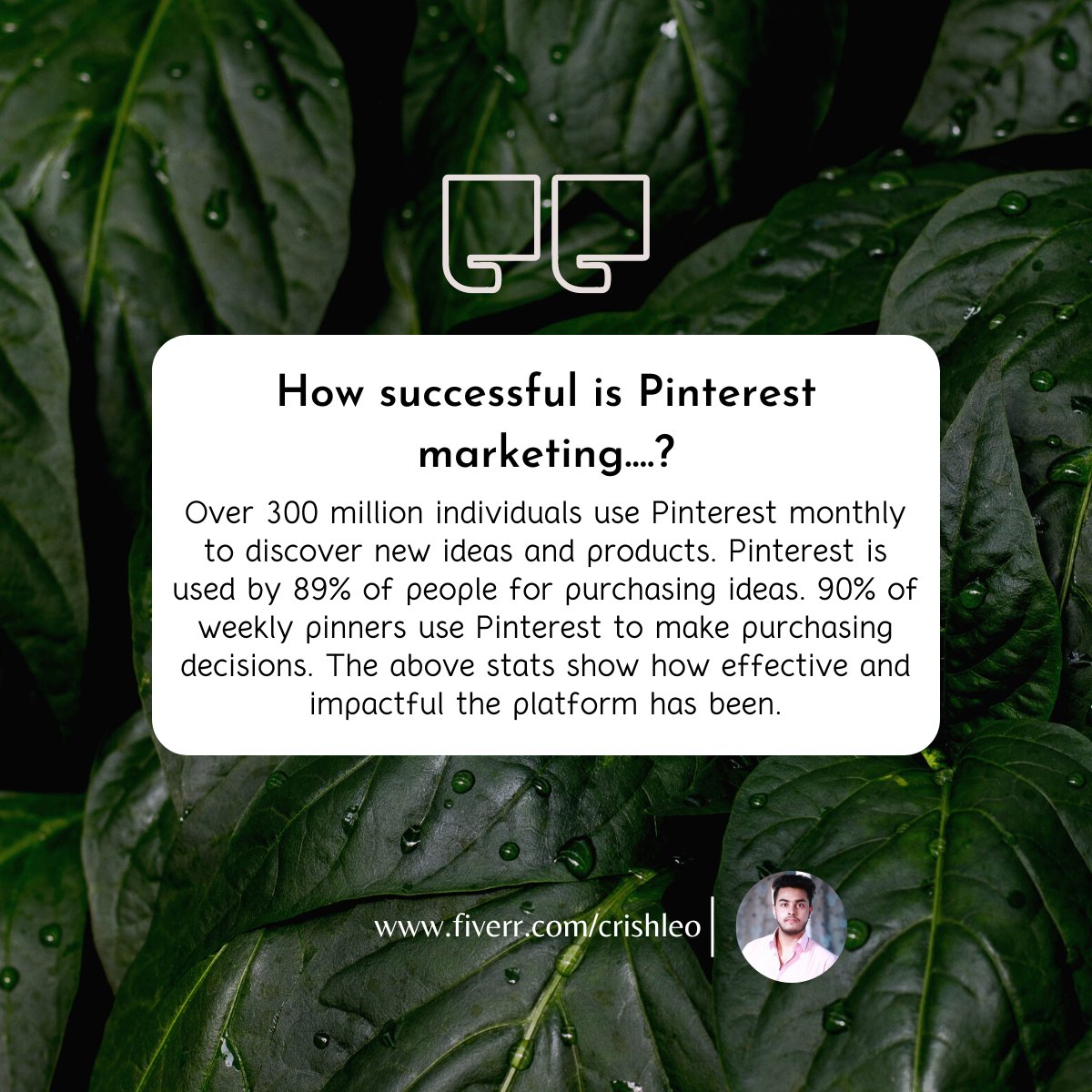 crishleo69's tweet photo. How successful is Pinterest marketing?
you can it out my Fiverr Pinterest Marketing Gig 👉 https://t.co/YomMeceYlm ✔
#pinterestmarketing #pinterestmarketingtip #pinterestmarketingtips #pinterest #marketing #business #photography #entrepreneur #tumblr #branding https://t.co/JPrlgMXlmQ