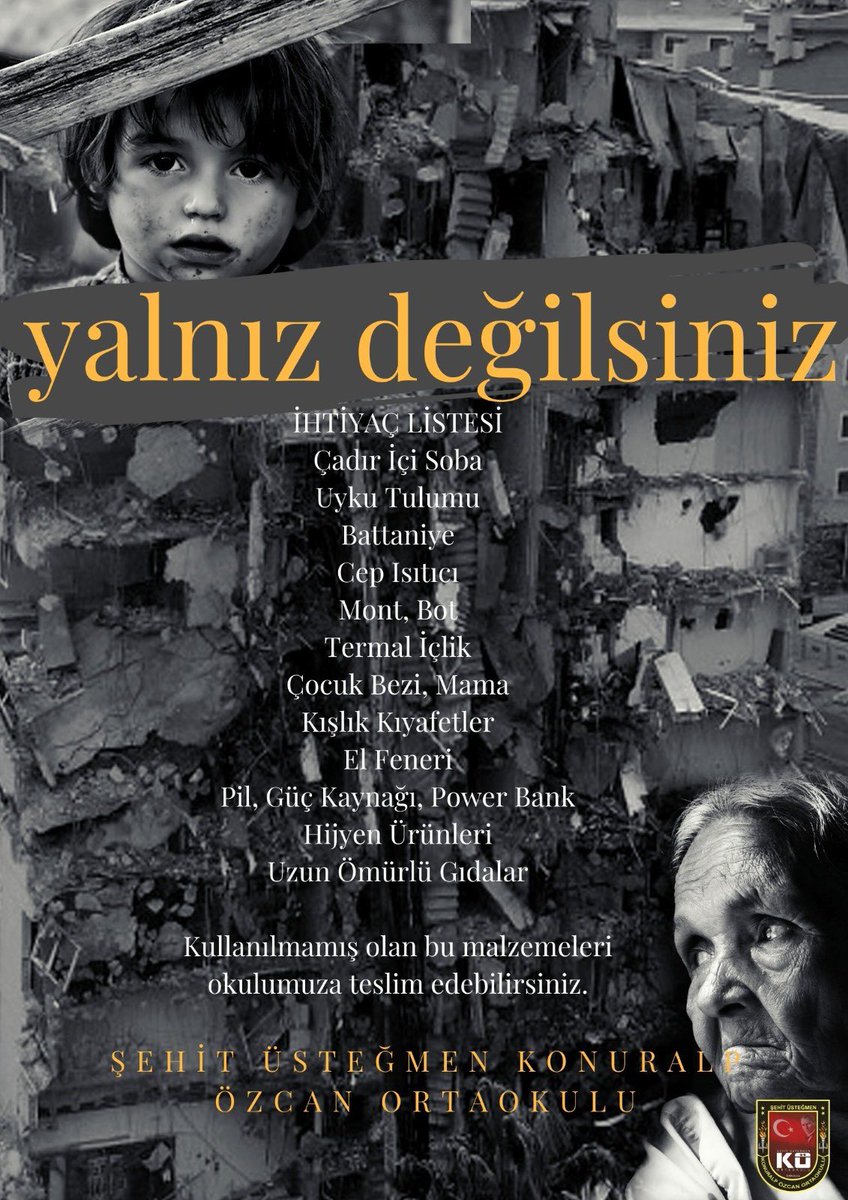 Deprem bölgesindeki vatandaşlarımıza yardım etmek için; KULLANILMAMIŞ olmak şartıyla battaniye, çadır, çocuk bezi, elektrikli ısıtıcı, konserve, hazır gıda, ışıldak, hijyen malzemeleri, mont, bot gibi malzemeleri okulumuza teslim edebilirsiniz. Toplu halde AFAD'a iletilecektir.