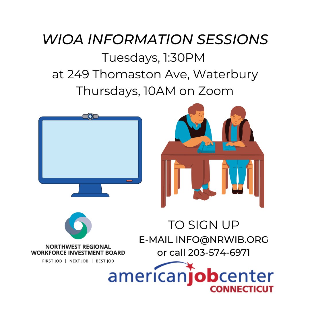 NRWIB's tweet photo. NRWIB is hosting #WIOA information sessions in person on Tuesdays here at the Waterbury American Job Center. Join us by registering before Tuesdays at 1:30PM or attend on Zoom on Thursdays at 10AM. Register by sending an email to info@nrwib.or g https://t.co/PzwEK2vtR4
