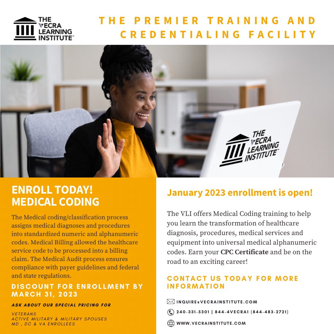 vecrainc's tweet image. VECRA Learning Institute has something special for anyone interested in Medical Coding!
Enrollment has officially opened for our Medical Coding training, and we invite you to enroll today!

Contact us for more information.

#medicalcoding #training #VECRA #EnrollNow