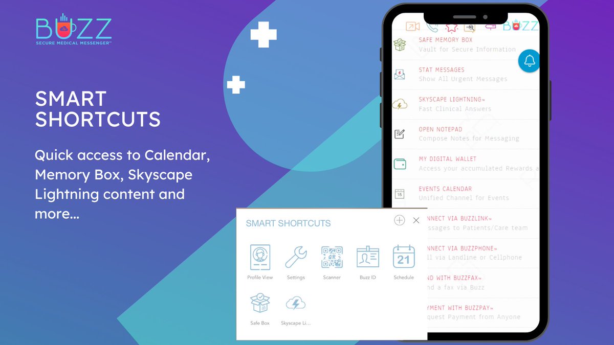 SkyscapeInc's tweet photo. Life's busy, sometimes you need to take a shortcut. 

Buzz Smart Shortcuts - provides quick access to Calendar, Memory Box, Skyscape Lightning content and more... To learn more, please visit https://t.co/Yj2oaSVYgO

#homehealthcare #hipaa #hipaacompliant #telehealth https://t.co/WQTqa38Sxi