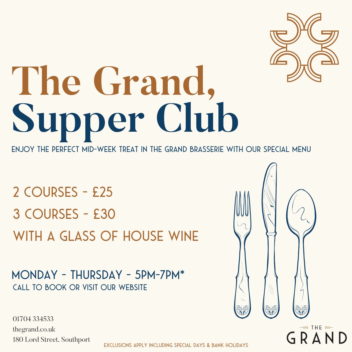 🍽COMPETITION TIME! WIN SUPPER CLUB FOR TWO AT THE GRAND BRASSERIE.

Head to our FB or Instagram page to enter

Available Monday to Thursday (5pm-7pm) enjoy two courses £25 or three Courses £30 including a glass of house wine.

➡️ l8r.it/Dnyd