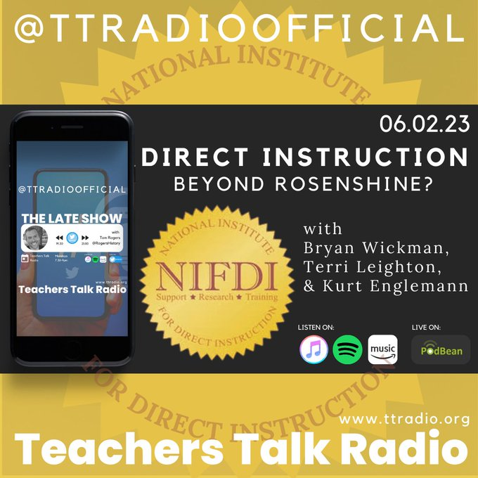 One hour until the Late Show with <a href="/RogersHistory/">Tom Rogers</a>!

Join Tom, Bryan, Terri and Kurt discussing direct instruction beyond Rosenshine @suzywybrow <a href="/dixonsmnp/">Dixons Manningham</a> <a href="/NIFDI/">Nat'l Institute DI</a>

Tune in. Talk it Out!

x.com/i/spaces/1MYxN… 

#TTRadio