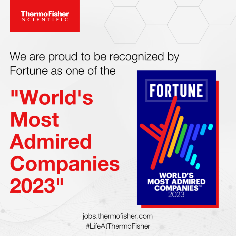 MyThermoFisher's tweet photo. We are incredibly proud to once again be named one of the World’s Most Admired Companies 2023 by @FortuneMagazine, ranking #69 overall &amp; #1 in our industry. This exciting recognition reflects our colleagues' passion, dedication &amp; relentless efforts that drive our Mission.