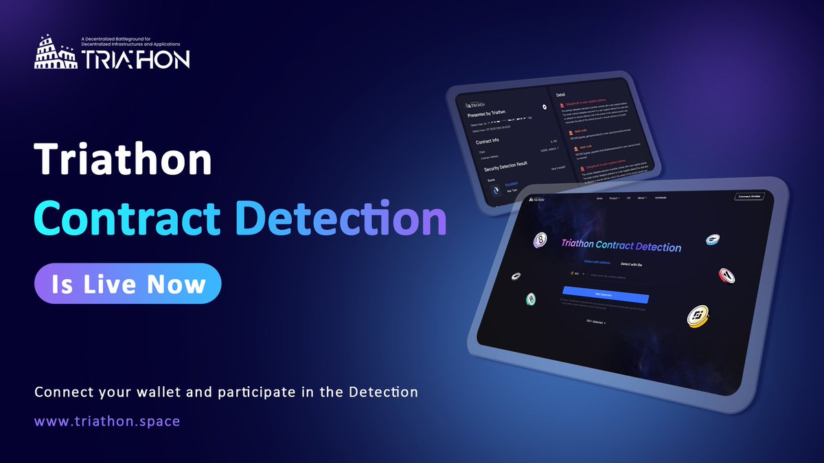 TriathonLab's tweet photo. 📢 Function Update Announcement 

 #Triathon Contract Detection is now available on our new official website! ✔️

We now support users entering the contract address or uploading a contract file to access the security report.🚀

Click🔗
https://t.co/38MmXqWBhs

#ContractDetection https://t.co/IOsVaD6WRm