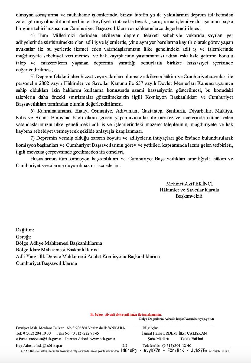 AvukatHG's tweet photo. HSK, yargı hizmetleri için 06.02.2023 tarihli 2023 sayılı ek yazı ile deprem tedbirlerini güncelledi. https://t.co/sBwDPuxsyV