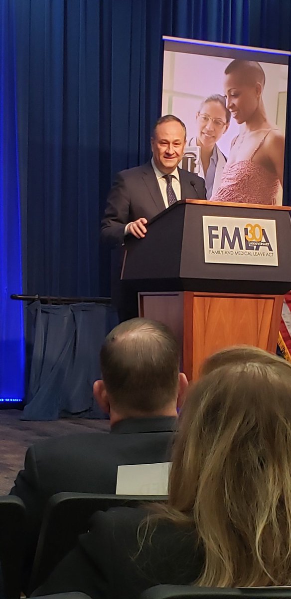 VShabo's tweet photo. "We need to normalize taking leave, especially for men." -@SecondGentleman  Doug Emhoff at @USDOL. Says he regrets not taking parental leave to care for his two kids when they were babies. #Care #CareEquality #FMLA30 #PaidLeaveForAll https://t.co/GDosD5sJE5