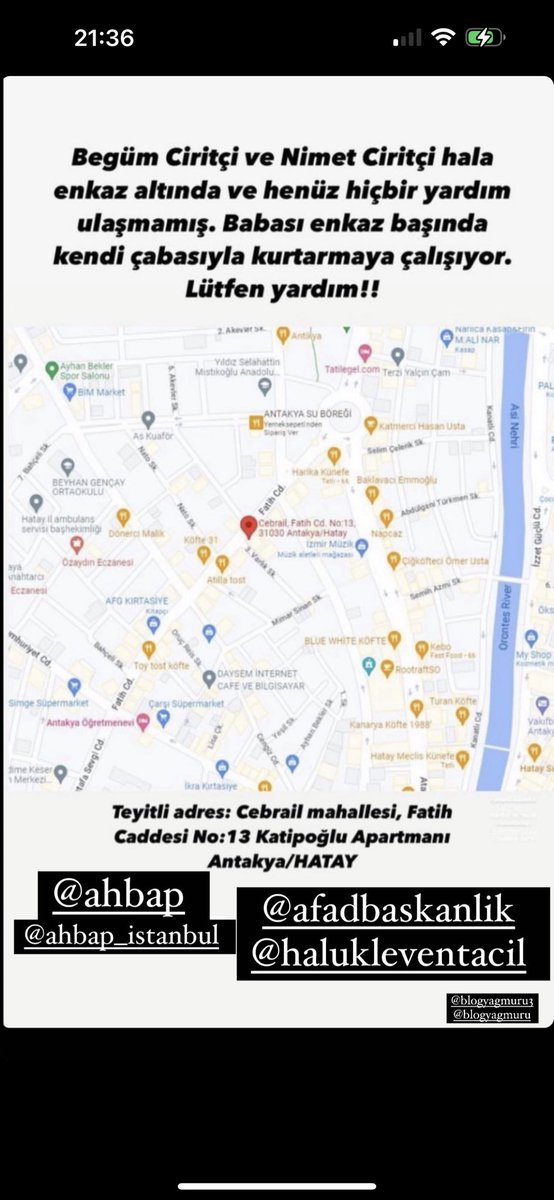 ACİL YARDIM! HATAY’A YARDIM!! Arkadaşım ve annesi enkaz altında,hala hiçbir ekip,yardım yok..                     Cebrail mahallesi, Fatih Caddesi Katipoglu apt. No 13. Antakya/ Hatay. Begum Ciritci, Nimet Ciritci #deprem #Hatay #ACILYARDIM #earthquake #AFAD <a href="/haluklevent/">Haluk Levent ( Ahbap Ekibi )</a>