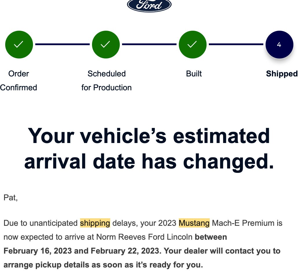 patkudo's tweet photo. @jimfarley98 @Ford @mrlevine Can you please expedite my Mustang Mach E from 10 months ago ? It's still stuck in Mexico since December. https://t.co/fLsh9uJ5h2