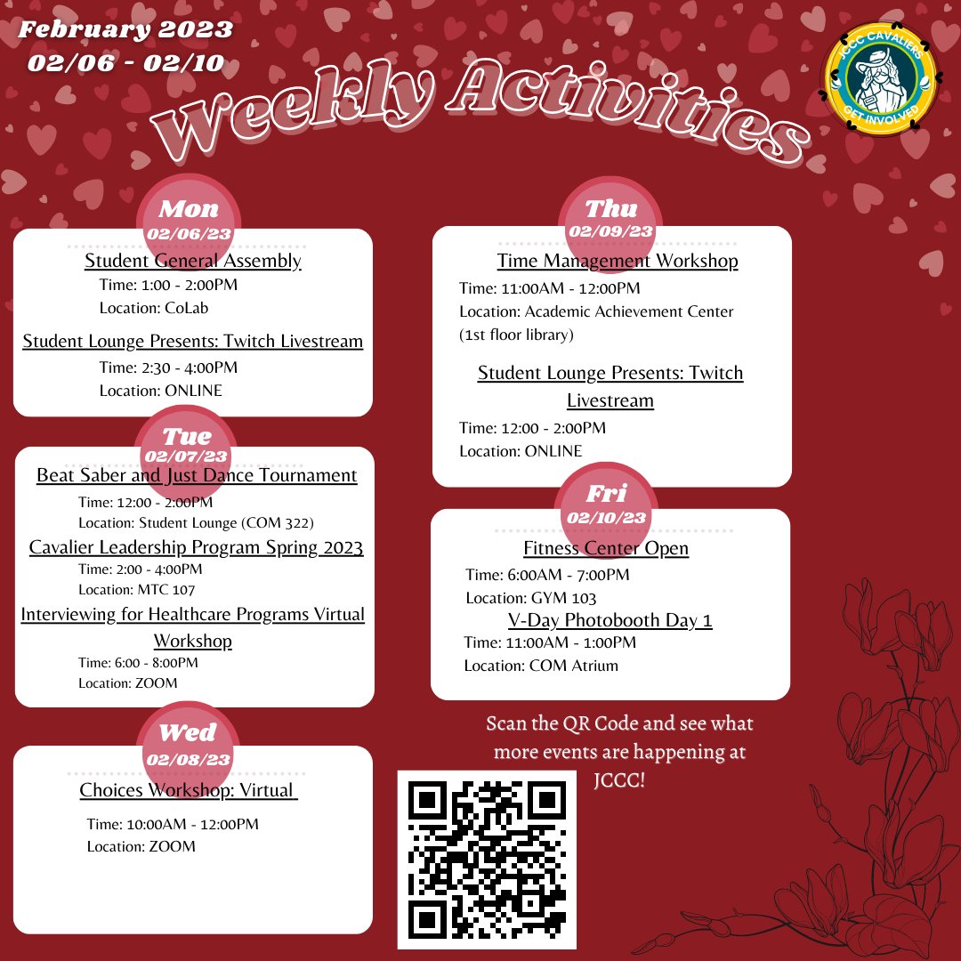 🗣️Another week, another chance to participate and get involved in any of the events happening on campus this week📅
📲 Also, you can check the newsletter on the Canvas app #getinvolved #JCCCstudentlife