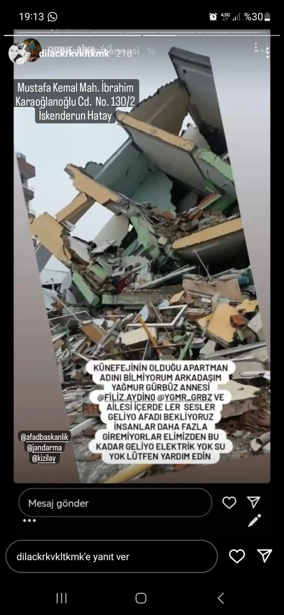 Rukiye2584's tweet photo. Mustafa kemal mahallesi ibrahim karaogullari  sokak no 130 arkadaşım ve ailesi  göçük altında haber alamıyoruz  lütfen paylaşın https://t.co/t4kuCPGvdP