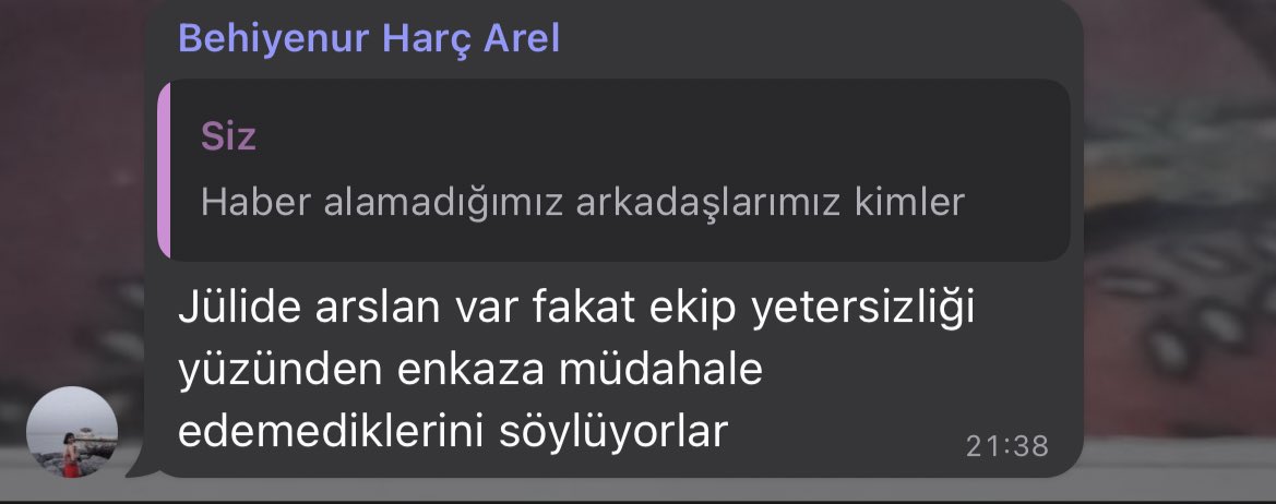 Jülide Arslan ve ailesi
Cumhuriyet mah. Ahmet Arif cad. Nasif Arslan apt. No 13  Hatay/ Samandağ

Arkadaşımız Jülide Arslan’ın bulunduğu yerde ekip yetersizliğinden müdahele gerçekleşmiyor
<a href="/ahbap/">Ahbap</a>  @ahbaphatay <a href="/AFADBaskanlik/">AFAD</a> <a href="/AFADHatay/">AFAD HATAY</a>