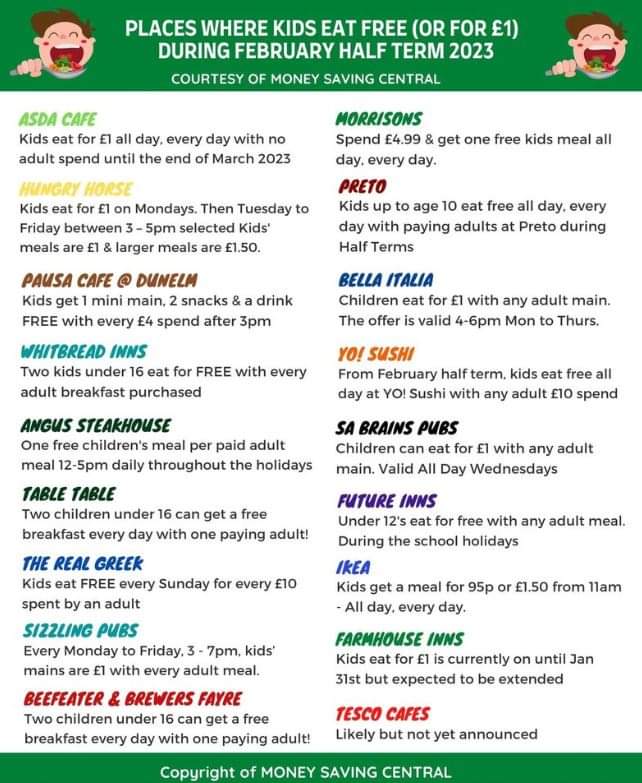 Thinking ahead to half term this
Tweet might help someone out. worth a Re-tweet. 🍽💚
well done to those taking part. <a href="/asda/">Asda</a>
<a href="/Morrisons/">Morrisons</a> 
<a href="/HelpJimsStory/">HELP - Jim's Story</a> 
<a href="/BellaItaliaA2/">Bella Italia</a> @whitbredin
<a href="/YOSushi/">YO!</a> @beefeatergrill <a href="/Tesco/">Tesco</a> <a href="/MoneySavingCen/">Money Saving Central</a>