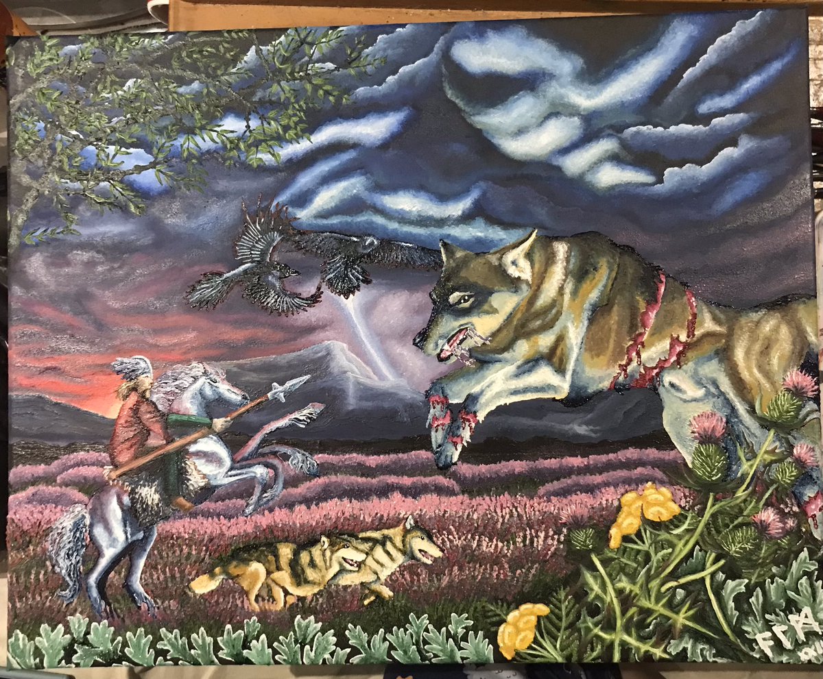 AnsuzLaguzArt's tweet photo. Ragnarök: Odin &amp; Fenrir, oil on canvas. It’s finally finished. Now it just needs left to dry. #iampainting #oiloncanvas #artistsoftwitter #pagan #heathenry #paganart #heathenart #mythology #norsegods https://t.co/WV1xd0x578