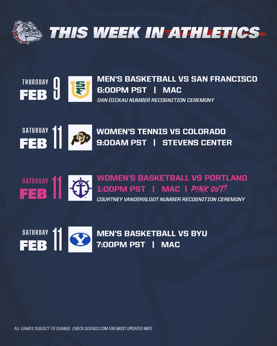 Home this week! 

<a href="/ZagMBB/">Gonzaga Basketball</a> 🆚 San Francisco
📅 Thursday
⏰ 6:00 PM PST
📺 ESPN2

<a href="/ZagWTennis/">Zag Women's Tennis</a> 🆚 Colorado
📅 Saturday
⏰ 9:00 AM PST

<a href="/ZagWBB/">Gonzaga Women's Basketball</a> 🆚 Portland
📅 Saturday
⏰ 1:00 PM PST
📺 SWX, Root Sports

<a href="/ZagMBB/">Gonzaga Basketball</a> 🆚 BYU
📅 Saturday
⏰ 7:00 PM PST
📺 ESPN2

#GoZags