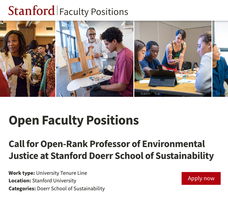 📢*JOB POSTING* Excited to share this call for a full-time, tenure-track open-rank Professor in #EnvironmentalJustice at <a href="/stanforddoerr/">Stanford Doerr School of Sustainability</a>! Seeking scholars with excellence in research, teaching, &amp; outreach in EJ. Apps accepted on a rolling basis until 3/31 facultypositions.stanford.edu/en-us/job/4935…