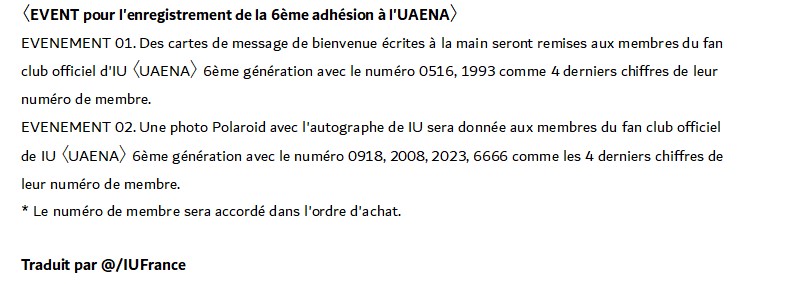 _IUFrance_Fan's tweet photo. ❁ 6ème Fanclub UAENA — 06.02.23 ❁

IU Fanclub officiel <Uaena> 6ème génération Recrutement🌟🌵

Période de recrutement📆
13 Février 4h00 - 26 Février 16h59 (🇫🇷)

Prix 💵
35,000 won (25.87€) (Expédition non incluse)

Voir Plus : https://t.co/7Nwz1y01pn

#IU #Leejieun
———
- 👑 https://t.co/jMpP2kYXHX