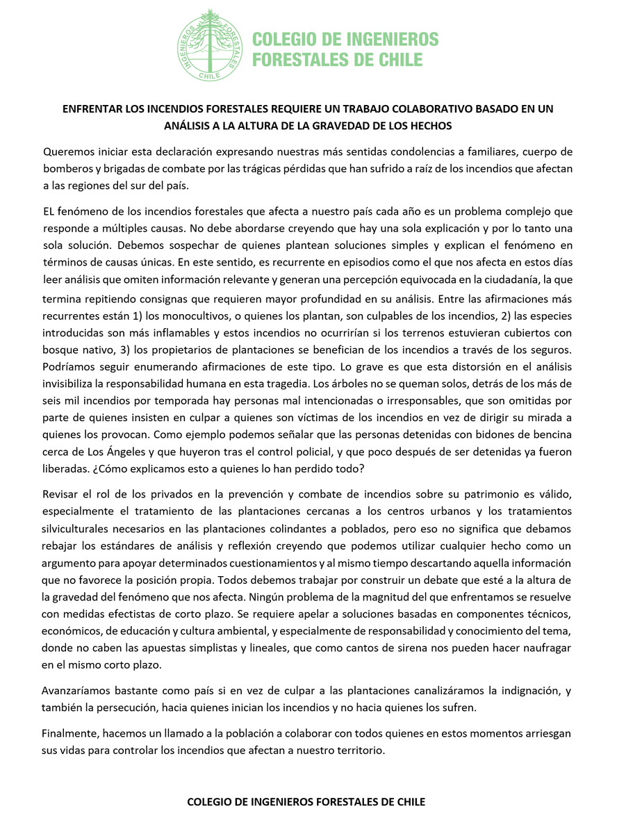 Declaración del Colegio de Ingenieros Forestales en relación a los incendios forestales que afectan la zona sur del país.