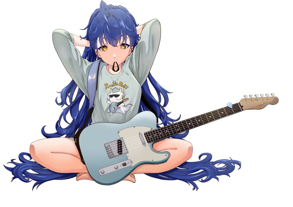1girl long hair instrument blue hair guitar yellow eyes solo  illustration images