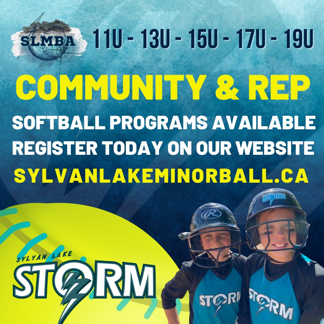 Sylvan Lake Storm Softball ⚡️🚨🥎

11U • 13U • 15U • 17U • 19U 

Community &amp; Rep programs available! 

🚨 Rep registration closes Feb 22nd, 2023

** Tryouts will begin February 25th (full schedule is posted on our website) 

Visit >> sylvanlakeminorball.ca to register today!