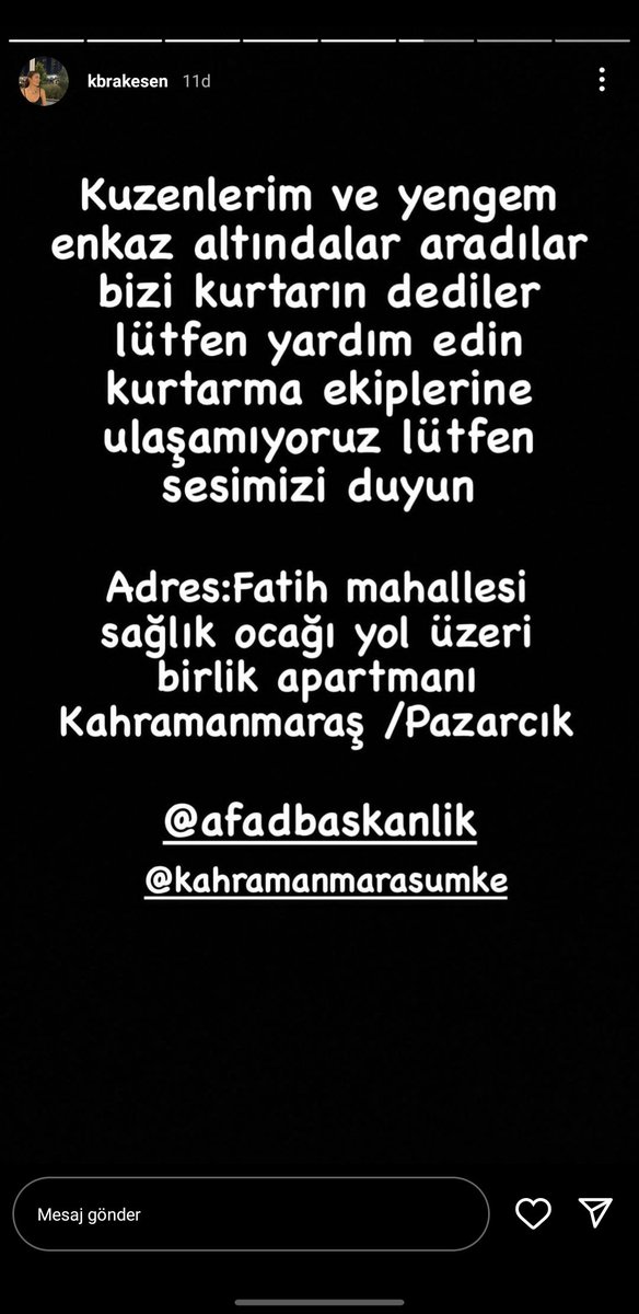 Arkadaşımın ailesi enkaz altında saatlerdir haber alamıyor <a href="/AFADBaskanlik/">AFAD</a> <a href="/KahramanmarasU/">Kahramanmaraş UMKE</a> <a href="/haluklevent/">Haluk Levent ( Ahbap Ekibi )</a> <a href="/OguzhanUgur/">Oğuzhan Uğur</a> <a href="/Kizilay/">Türk Kızılay</a> <a href="/elraenn/">Tuğkan Gönültaş</a> <a href="/jahreindota/">Jahrein</a>