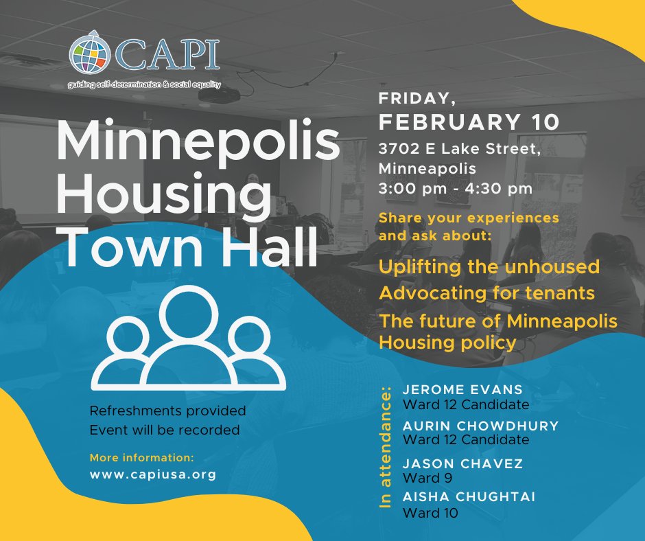 CAPIUSA1982's tweet image. Join us this Friday for a Minneapolis Housing Town Hall! Share your experiences and ask questions about housing policies in Minneapolis.
#housing #minneapolis #advocate
