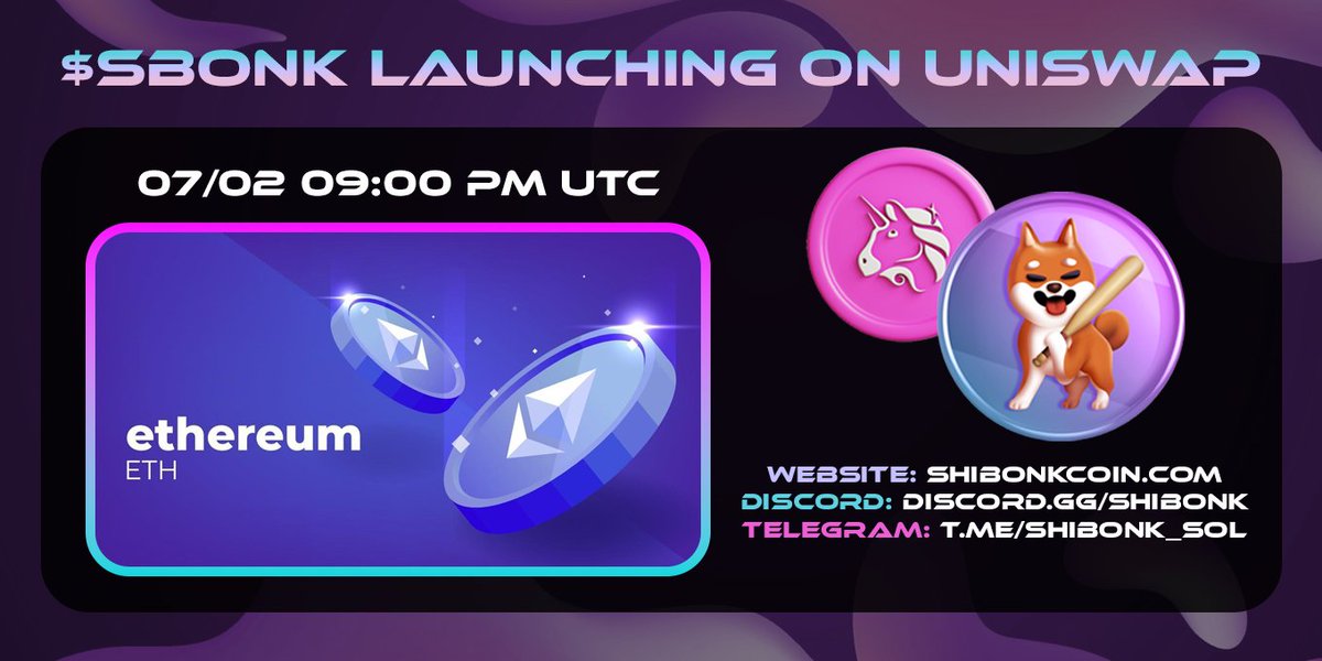 SHIBONKSOL's tweet photo. SHIBONK TO LAUNCH ON UNISWAP 🦄🦄🦄
$SBONK / $ETH pair will launch on Uniswap 07/02 9pm UTC 
Discord: https://t.co/vbdrOdBgG9 
Telegram: https://t.co/uZh3gb09iD

@hey_wallet
 send 0.002 $SBONK to the first 2000 retweets and comments $Eth

#HeyWallet #Ethereum #ETH #Uniswap https://t.co/XcsiPZUlD4