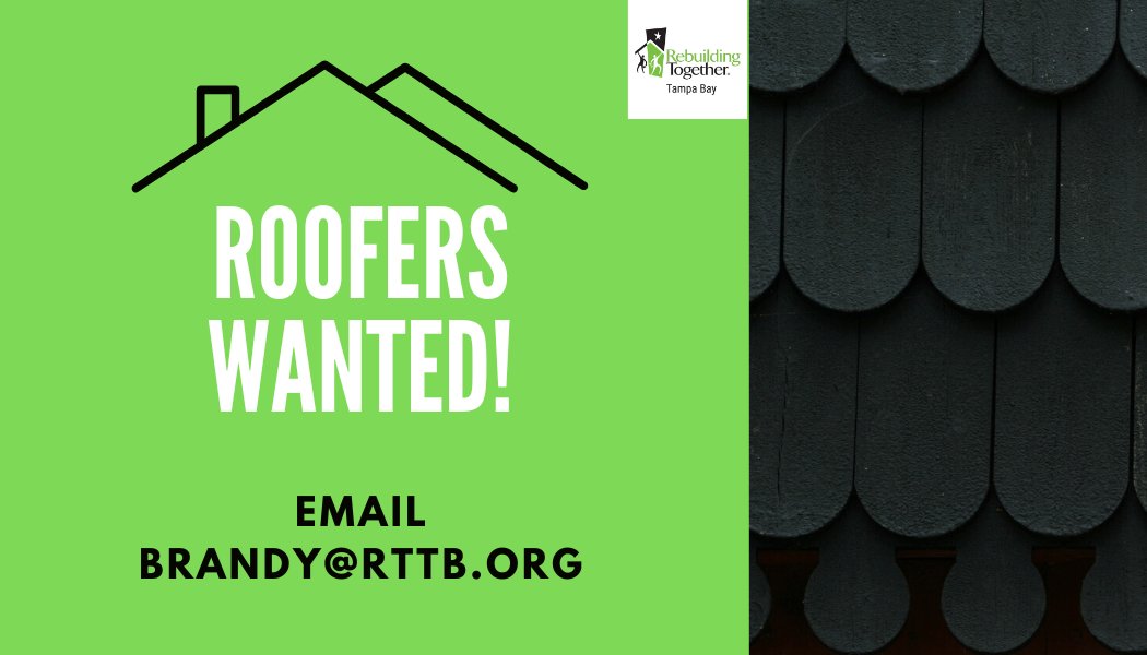 RT_GFL's tweet photo. Do you own or work for a roofing company in the Tampa Bay area? We need your help! RTTB is looking to expand our work with subcontractors who want to help transform the houses of Tampa Bay families into safe and healthy homes. Email brandy@rttb.org for more info! https://t.co/9mJNgF3FCw
