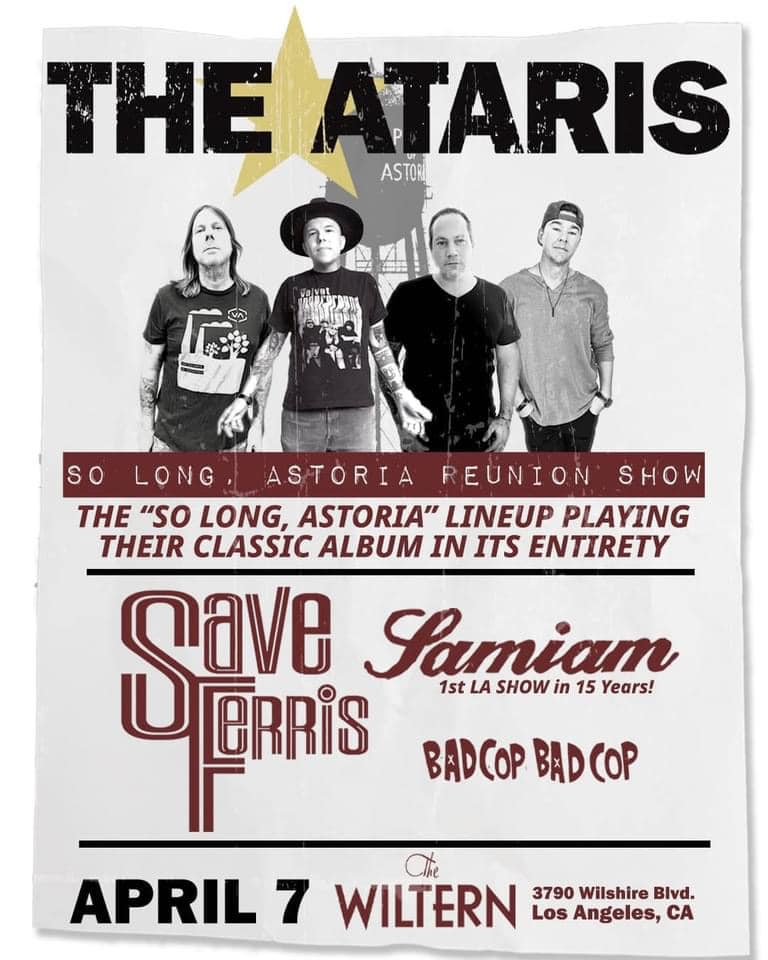 SAVE FERRIS (@saveferris_1) on Twitter photo We’re excited to announce we will be playing with <a href="/theataris/">The Ataris</a> as part of their awesome “So Long, Astoria” 20th anniversary celebration!
Don’t miss out. Get your tickets now!
April 7 - Los Angeles, CA - The Wiltern
ticketmaster.com/event/09005D89… We’re excited to announce we will be playing with <a href="/theataris/">The Ataris</a> as part of their awesome “So Long, Astoria” 20th anniversary celebration!
Don’t miss out. Get your tickets now!
April 7 - Los Angeles, CA - The Wiltern
ticketmaster.com/event/09005D89…