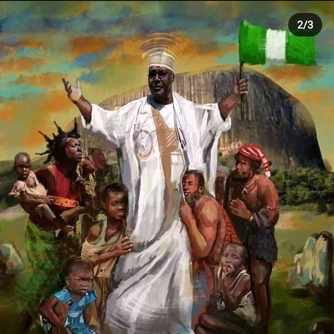 DeleMomodu's tweet photo. There's nothing our opponents won't do now that is certain ATIKU ABUBAKAR is in the lead. They've played ethnic cards, religious cards, bullion van cards, now they've crossed into the Realm of BLASPHEMOUS cards by this foolish portrait which we know nothing about... https://t.co/u80uJbt7SE