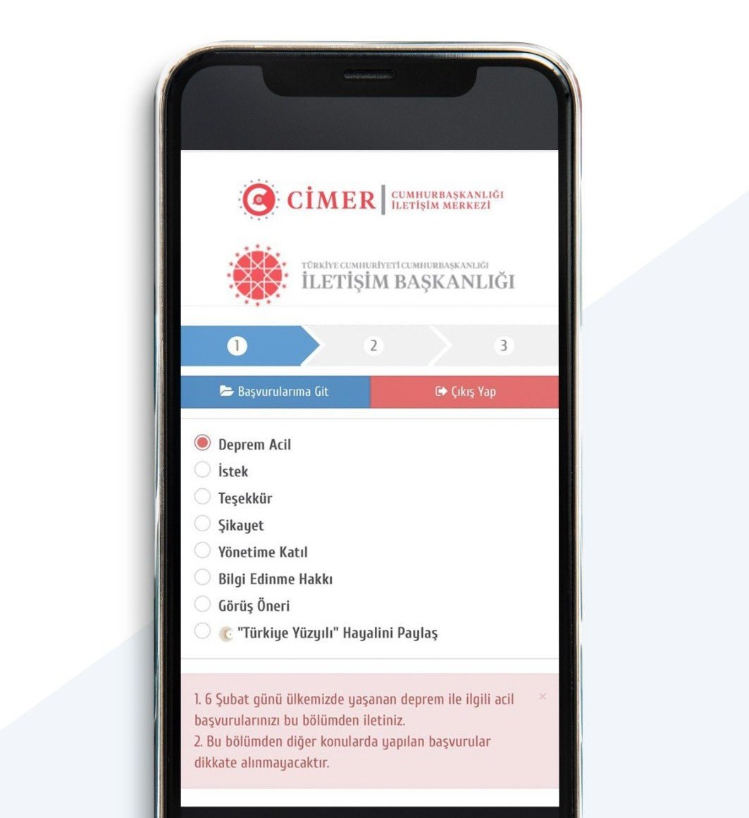 🔴 DIKKAT 🔴

1 - CİMER'e giriyorsunuz

2 - "Deprem acil" butonuna tıklayıp mesajı atıyorsunuz. 

3 - Mesajınız direkt olarak bölgedeki ekiplere ulaşıyor.

BOLCA PAYLAŞIM YAPALIM