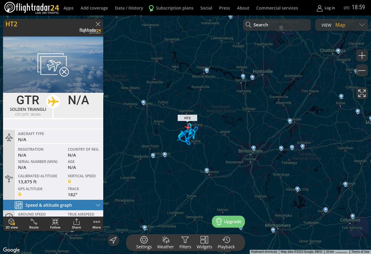 Radar_Assistant's tweet image. MULTI FR24 CIRCLING ALERT : At time Mon Feb  6 18:56:12 2023 #HT2 was likely to be circling at FL167 9nm from FDF Fayette_NDB_US
 near Dodson Road, Fayette County, Alabama, 35594, Unite #AvGeek #ADSB flightradar24.com/HT2/2f19e447