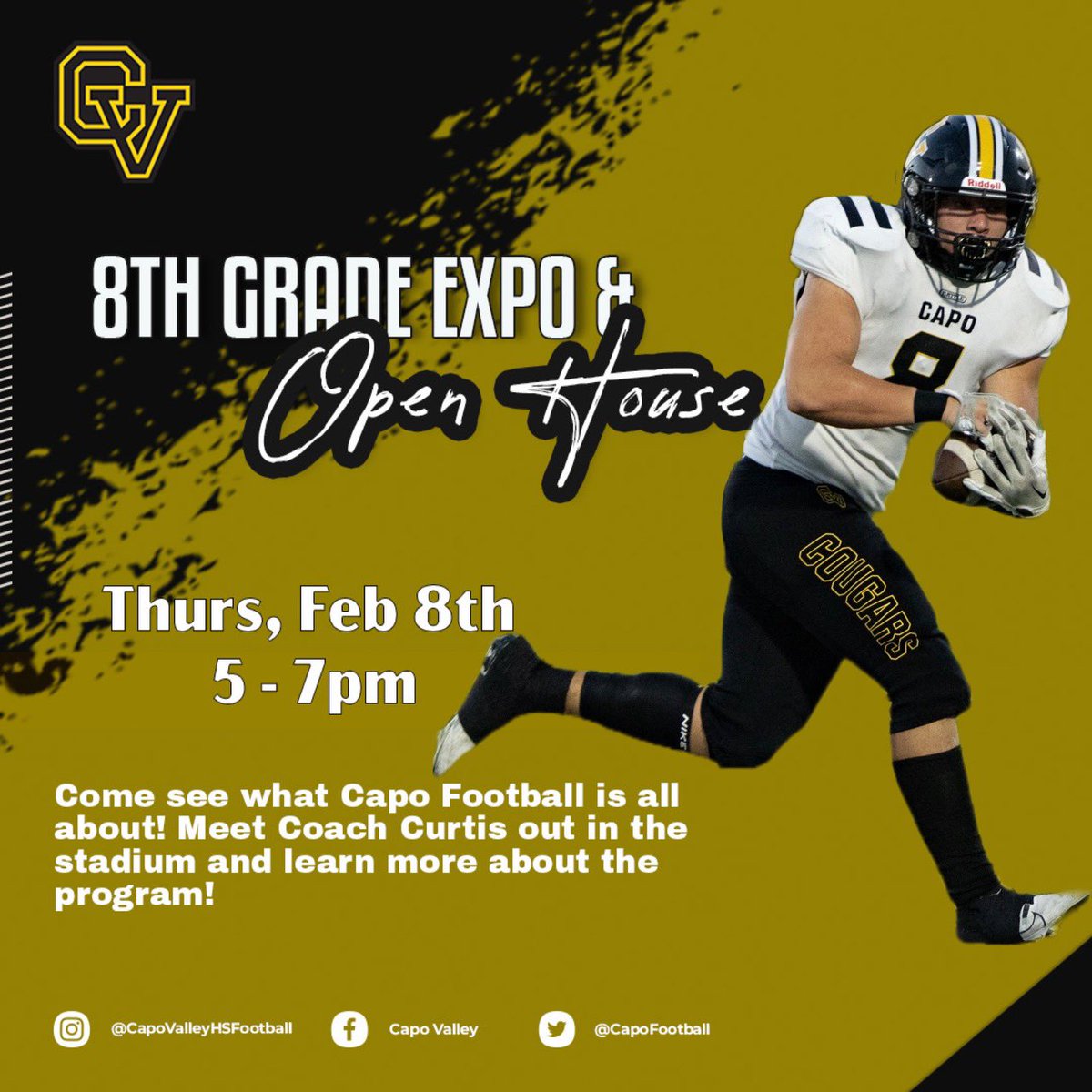 capofootball's tweet photo. Come check us out this Thursday from 5:00 - 8:00pm at the @CapoValleyHS 8th Grade Showcase and Open House! Meet Coach Curtis, hear more about our program, and see all of the amazing things that CV has to offer! #WeAreCV 🐯🌴 https://t.co/jJe2G1tibs