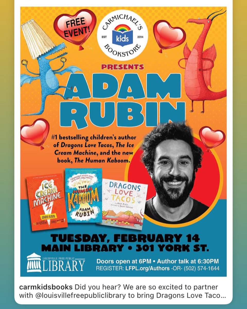 LFPL (@lfpl) on Twitter photo Then weβll announce the name on Valentines Day when Adam Rubin, author of Dragons Love Tacos comes by for a <a href="/carmichaelsbook/">Carmichael's</a> author talk! Then weβll announce the name on Valentines Day when Adam Rubin, author of Dragons Love Tacos comes by for a <a href="/carmichaelsbook/">Carmichael's</a> author talk!