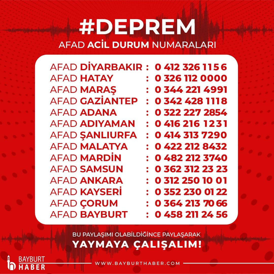 AFAD Acil Durum Numaraları!

“Geçmiş olsun Türkiye”

#bayburthaber #bayburt #haber #deprem #acildurum #acil #kahramanmaras #kilis #diyarbakir #adana #osmaniye #gaziantep #sanliurfa #adiyaman #malatya #hatay #geçmişolsun
