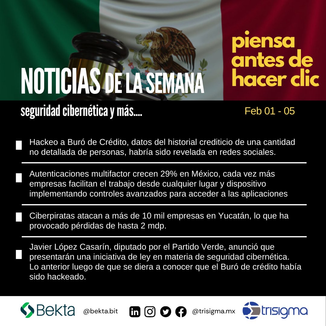trisigmamx's tweet photo. Ni el buró de crédito se salvó, pero no nos borraron las deudas... 
#Noticias relevantes de la semana en #ciberseguridad...
La #seguridadinformatica no es opción, es acción
#ciberdelincuencia #ciberincidencias https://t.co/Vk7escO21p