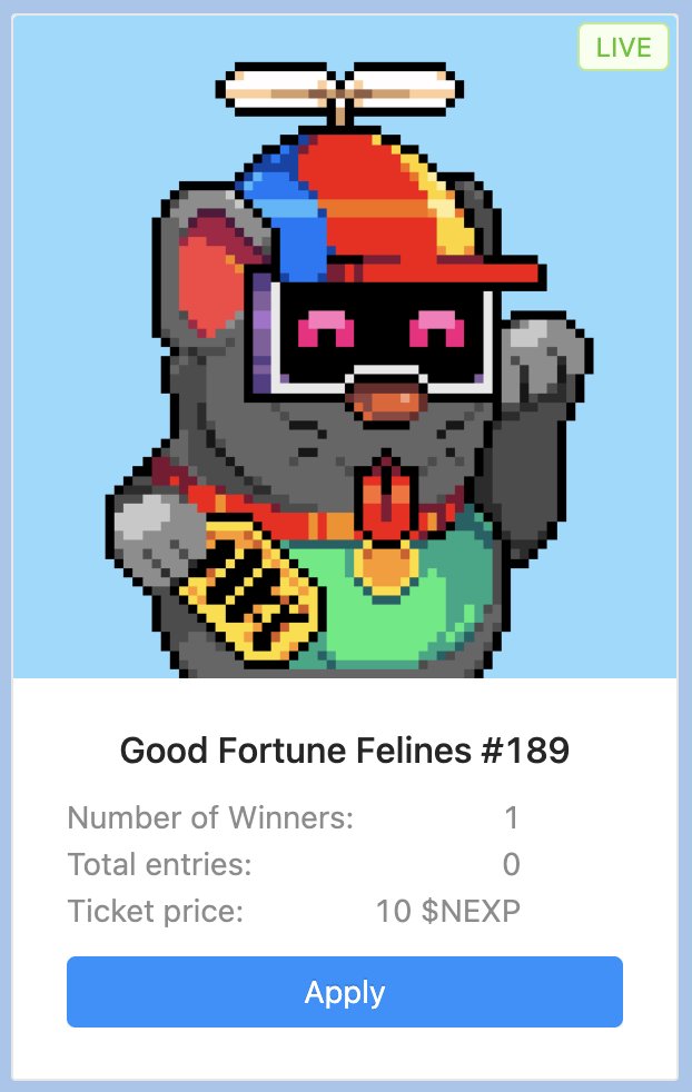 GM NEARton ☀️
New week - new raffle 🎊

Prize: @goodfortuneNFT #189 🎁
Duration: 48h ⏰

Buy a ticket/tickets 👇
📍 shop.nearton.org/raffles/

#NEAR #NEARNFTs #NEARProtocol