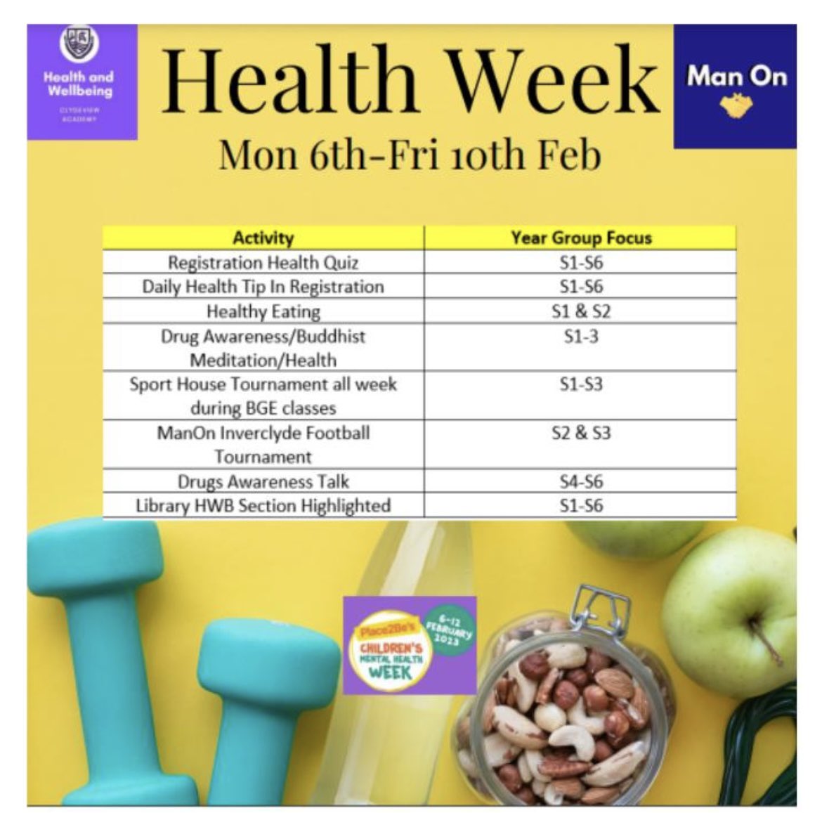 Clydeview_HWB's tweet photo. Our first Health Week is this week! We have lots of activities happening around the school kicking off with a registration quiz in the morning! 🧠🏃‍♀️🍎 @clydeview_a @ManOnInverclyde @ActiveSchoolsIC #childrensmentalhealthweekinverclyde #ChildrensMentalHealthWeek https://t.co/NDnlLjQ8t0