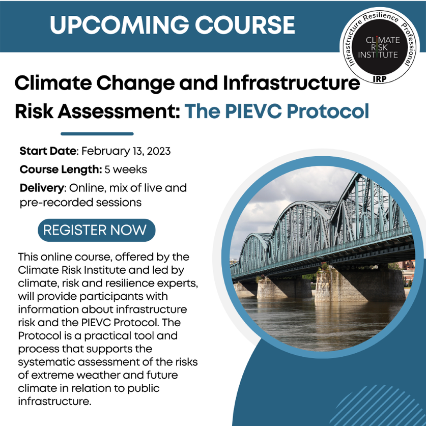 Climate Risk Institute (@cri_climate) on Twitter photo Climate Change and Infrastructure Risk Assessment - the #PIEVC Protocol. Spots still available for this course on infrastructure and climate risk assessment. Course begins Feb 13! Join experienced instructors Joel Nodelman (<a href="/nodelcorp/">Nodelcorp Consulting</a>) and <a href="/norman_shippee/">Norman Shippee</a> (<a href="/Stantec/">Stantec</a>). Climate Change and Infrastructure Risk Assessment - the #PIEVC Protocol. Spots still available for this course on infrastructure and climate risk assessment. Course begins Feb 13! Join experienced instructors Joel Nodelman (<a href="/nodelcorp/">Nodelcorp Consulting</a>) and <a href="/norman_shippee/">Norman Shippee</a> (<a href="/Stantec/">Stantec</a>).
