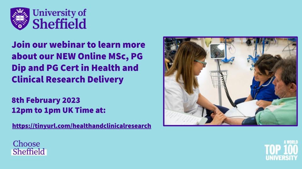 Calling all AHPs, nurses, midwives, pharmacists and doctors interested in delivering research in practice. Learn how: Exciting new online course designed for working professionals @sheffielduni @ScHARRSheffield @sheffunimdh join webinar 👇to find out more tinyurl.com/healthandclini…