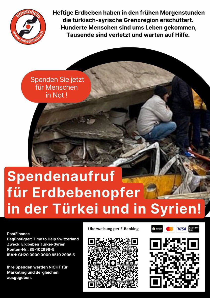 Jetzt spenden für Erdbebenopfer in der Türkei und in Syrien:
timetohelp.payrexx.com/de/pay?cid=a39… (Twint, Mastercard, Visa, Samsung Pay) #Turkey #ErdbebenInDerTuerkei #Tuerkei #Spenden