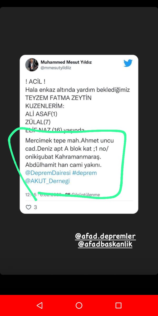 <a href="/AFADBaskanlik/">AFAD</a> <a href="/DepremDairesi/">AFAD Deprem</a> #deprem #enkazaltindayim <a href="/haluklevent/">Haluk Levent ( Ahbap Ekibi )</a> <a href="/Kizilay/">Türk Kızılay</a>