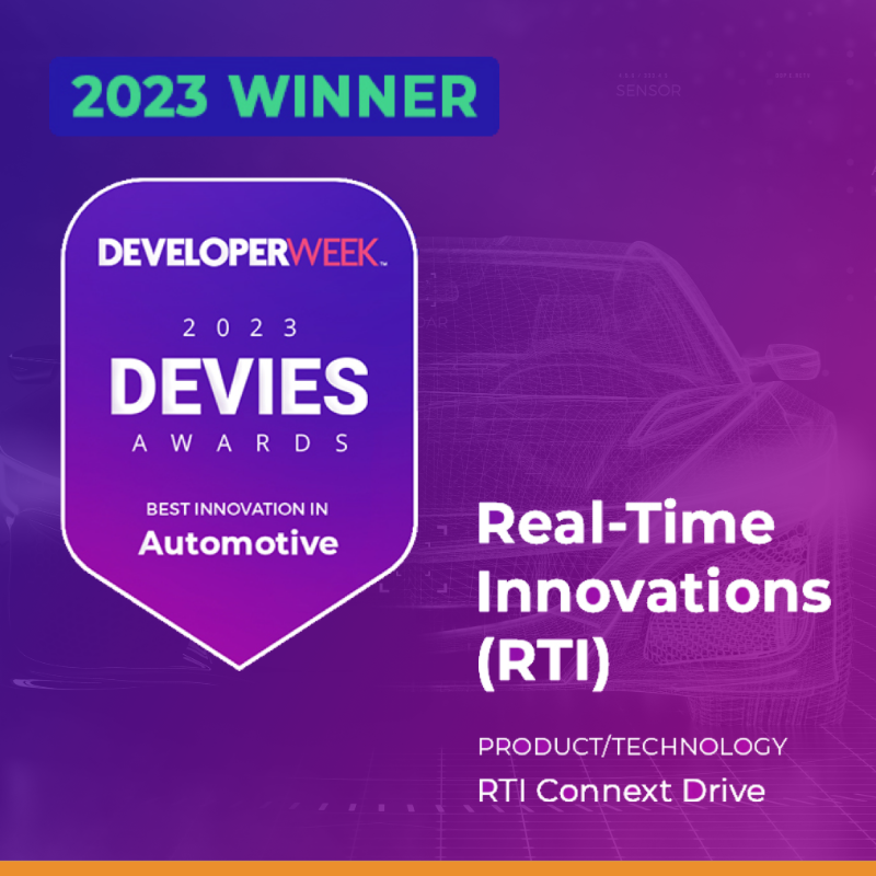 rti_software's tweet photo. We’re proud to announce that RTI Connext Drive® has been named the winner of the 2023 DEVIES Award for Best Innovation in Automotive! 

This accolade recognizes outstanding design, engineering &amp; innovation in developer technology in the automotive space. Thank you @DeveloperWeek!