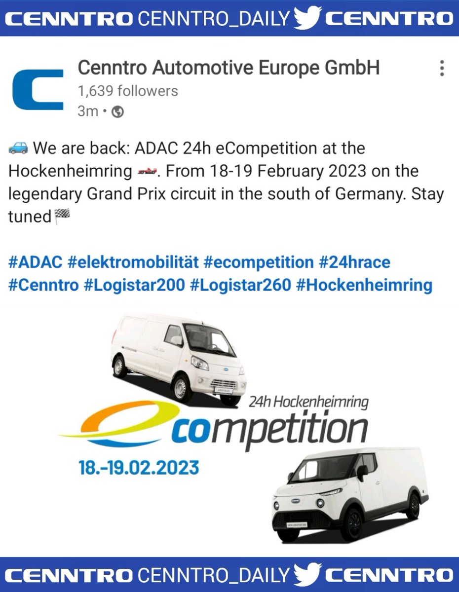 _X_Alex_'s tweet photo. #CENN #CENNTRO $CENN
🚙 We are back: ADAC 24h eCompetition at the Hockenheimring 🏎️. From 18-19 February 2023 on the legendary Grand Prix circuit in the south of Germany. Stay tuned🏁
#ADAC #elektromobilität #ecompetition #24hrace
#Logistar200 #Logistar260 #Hockenheimring https://t.co/zjSPUPUTP4